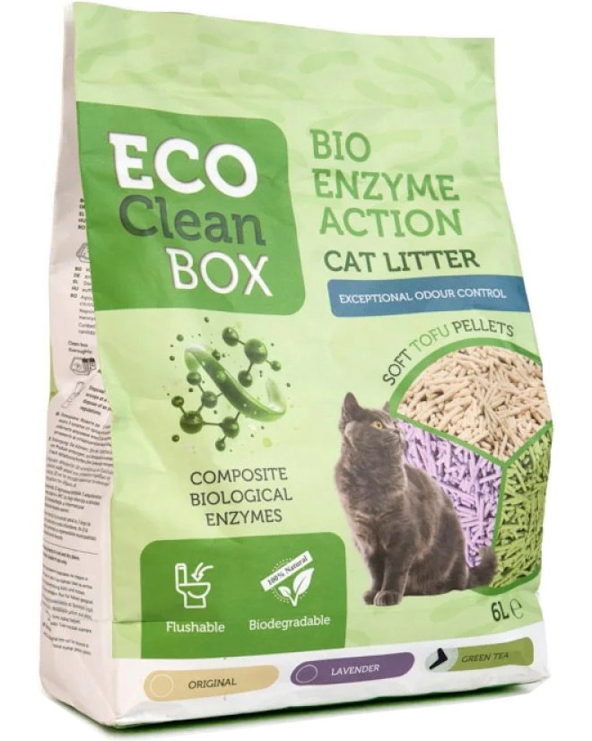 Тофу постелка за котешка тоалетна с биоензими Clean Box Eco Bio Enzyme Action Тофу постелка за котешка тоалетна с биоензими Clean Box Eco Bio Enzyme Action - 6 и 24 l, с аромат на зелен чай - продукт