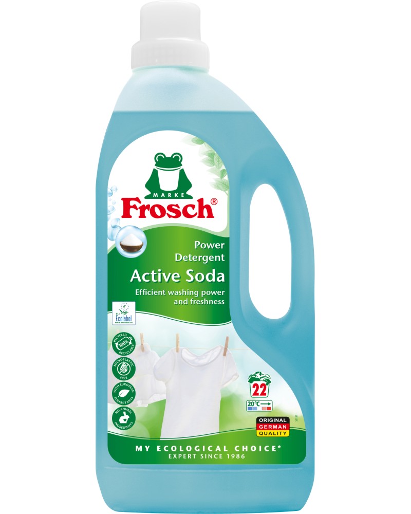Течен перилен препарат Frosch Active Soda Течен перилен препарат Frosch Active Soda - 1.5 l, със сода бикарбонат - перилен препарат