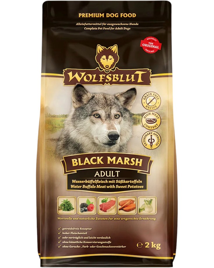 Суха храна за кучета Wolfsblut Black Marsh Adult Суха храна за кучета Wolfsblut Black Marsh Adult - 2 и 12.5 kg, с воден бивол и сладки картофи, в зряла възраст - храна