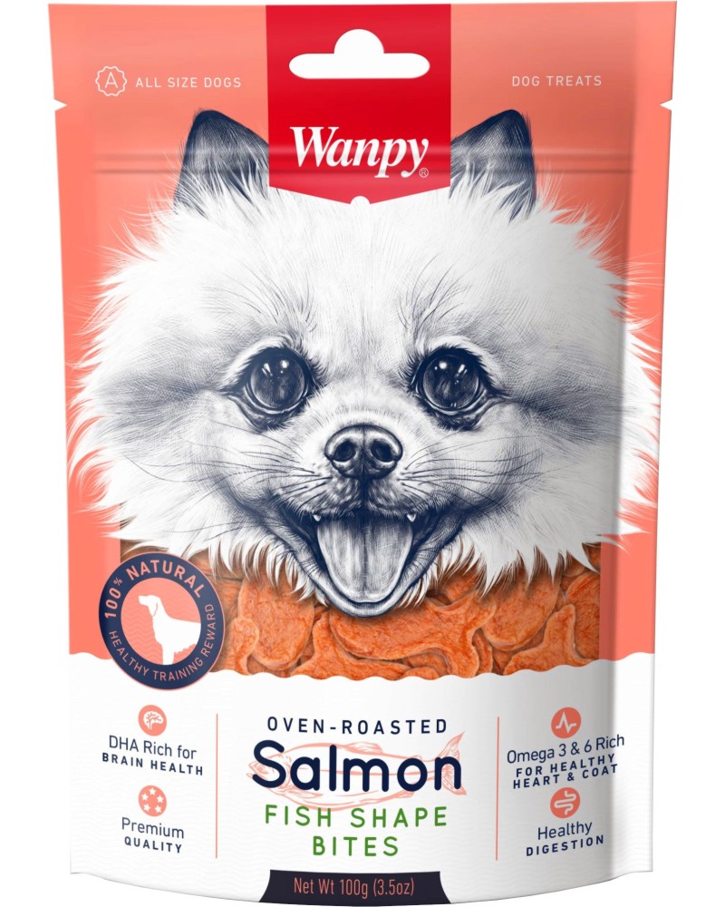 Натурални лакомства за кучета Wanpy Salmon Fish Shape Bites Натурални лакомства за кучета Wanpy Salmon Fish Shape Bites - 100 g, със сьомга - храна