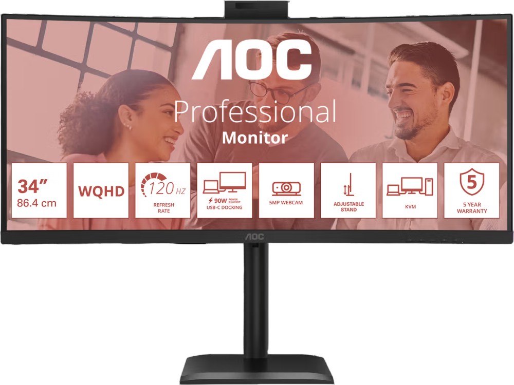 Монитор AOC CU34E4CW Монитор AOC CU34E4CW - 34", VA, 120 Hz, 21:9, 3440 x 1440, 1 ms, 2 x HDMI, DisplayPort, USB-C, Adaptive-Sync -