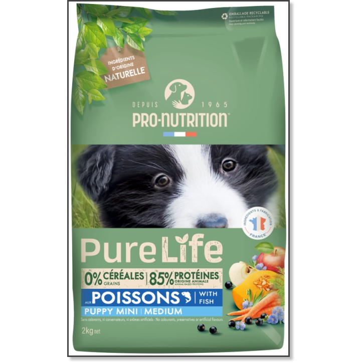 Суха храна за кучета Pro-Nutrition Puppy Mini Medium Суха храна за кучета Pro-Nutrition Puppy Mini Medium - 2 и 12 kg, с риба, от серията Pure Life Dog, за дребни и средни породи, от 1 до 15 месеца и до 25 kg - храна