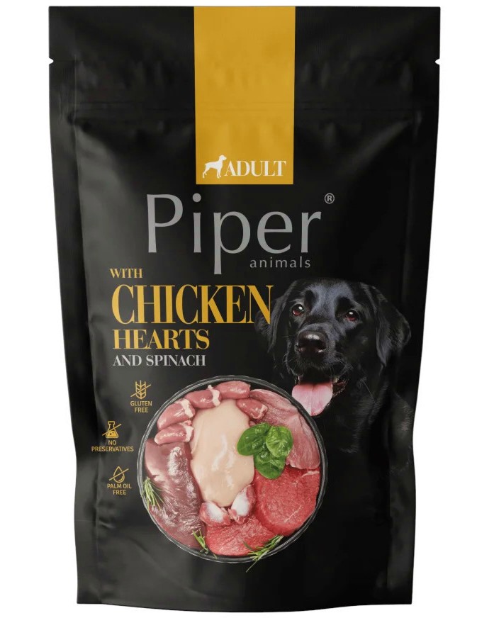 Паучове за кучета Piper Adult Паучове за кучета Piper Adult - 10 x 500 g, с пилешки сърца и спанак, в зряла възраст - храна
