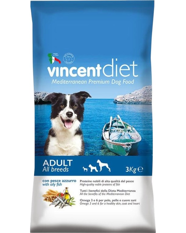Суха храна за кучета с чувствително храносмилане VINCENT Pet Food Mediterranean Diet Adult Суха храна за кучета с чувствително храносмилане VINCENT Pet Food Mediterranean Diet Adult - 3 и 15 kg, с риба, за всички породи, в зряла възраст - храна