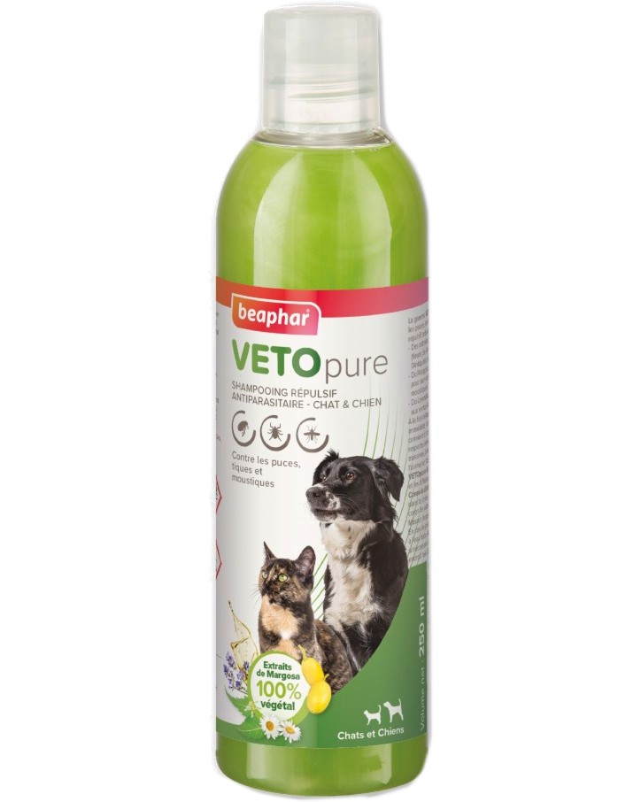 Репелентен шампоан за кучета и котки Beaphar Veto Pure Репелентен шампоан за кучета и котки Beaphar Veto Pure - 250 ml, с маргоза и лавандула - шампоан