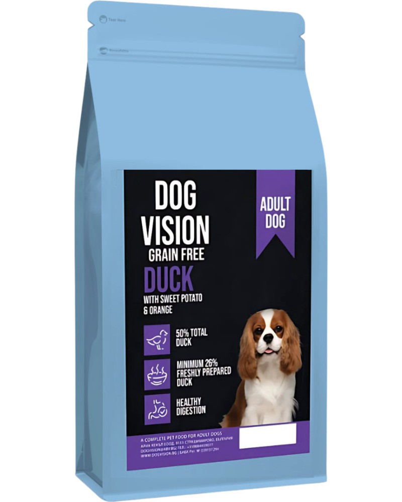 Суха храна за кучета с чувствително храносмилане DOG VISION Grain Free Adult Суха храна за кучета с чувствително храносмилане DOG VISION Grain Free Adult - 2 ÷ 12 kg, с патешко, сладък картоф и портокал, над 1 година, за средни породи - храна
