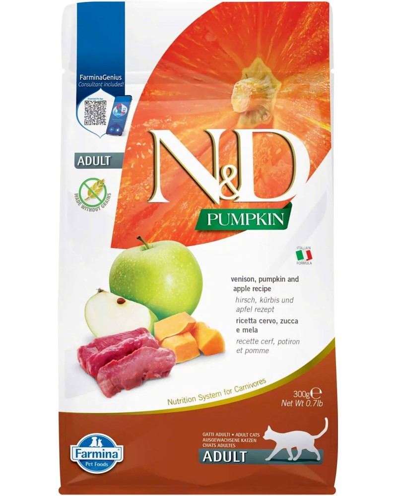 Суха храна за котки N&D Adult Суха храна за котки N&D Adult - 0.3 ÷ 5 kg, с еленско, тиква и ябълка, от серията Pumpkin, в зряла възраст - храна