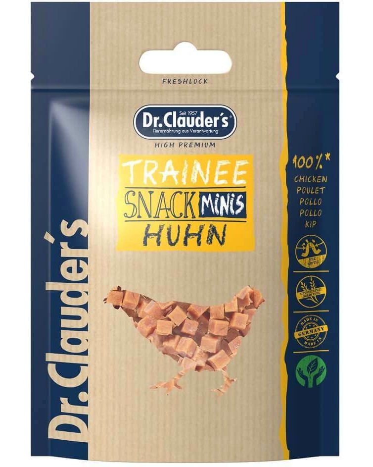 Лакомства за кучета и котки Dr.Clauder's Minis Лакомства за кучета и котки Dr.Clauder's Minis - 50 g, с пилешко, от серията Trainee Snack - храна