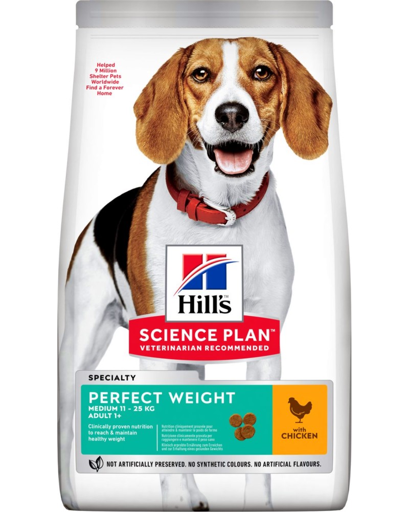 Суха храна за кучета за намаляване и поддържане на теглото Hill's Perfect Weight Medium Adult Суха храна за кучета за намаляване и поддържане на теглото Hill's Perfect Weight Medium Adult - 2 и 12 kg, с пилешко, от серията Science Plan, за средни породи, над 1 година - храна