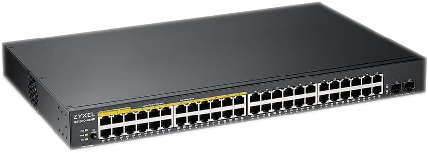 Суич ZyXEL GS1900-48HP v2 Суич ZyXEL GS1900-48HP v2 - 24 RJ-45 порта, 24 RJ-45 PoE порта, 2 SFP порта, 1000 Mbps -