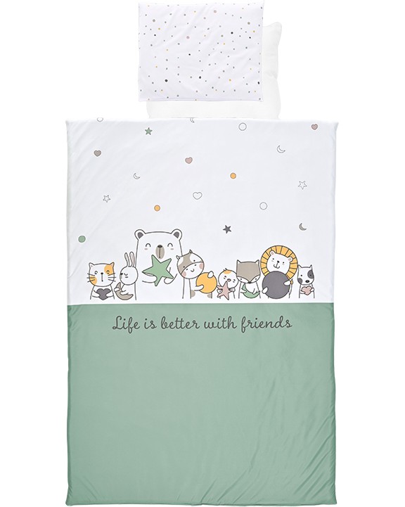 Бебешки двулицев спален комплект 4 части с олекотена завивка Lorelli Бебешки двулицев спален комплект 4 части с олекотена завивка Lorelli - За легла 60 x 120 cm и 70 x 140 cm, от серията Happy Friends - продукт
