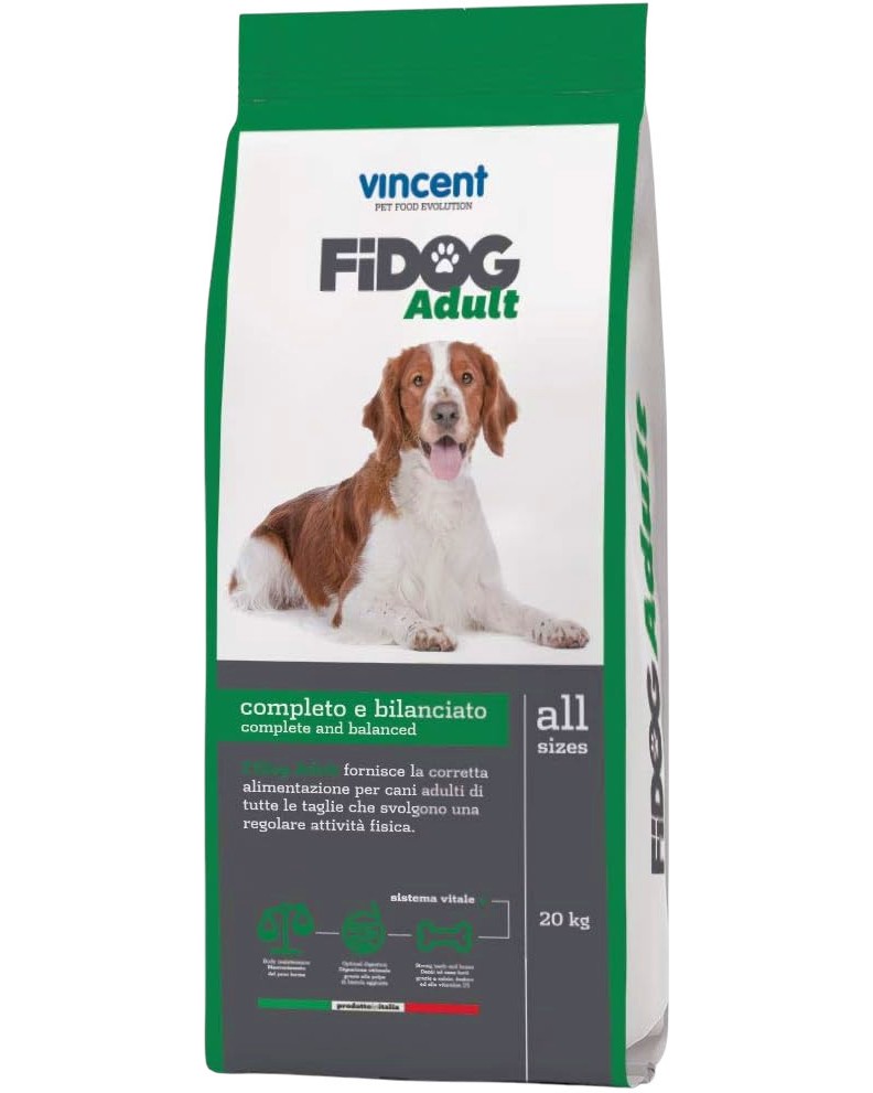 Суха храна за кучета VINCENT Pet Food Fidog Adult Суха храна за кучета VINCENT Pet Food Fidog Adult - 20 kg, от всички породи, в зряла възраст - храна