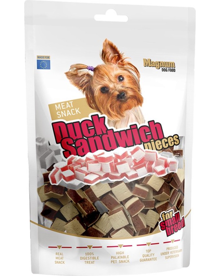 Лакомства за кучета Magnum Meat Snack Sandwich Pieces Лакомства за кучета Magnum Meat Snack Sandwich Pieces - 80 g, с патешко, за дребни породи - храна