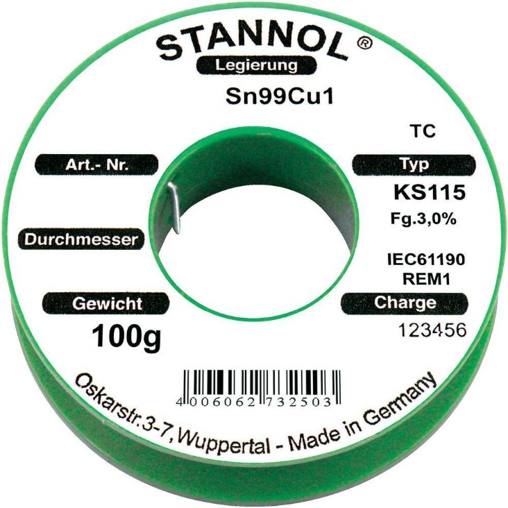 Тинол на ролка Stannol KS115 Тинол на ролка Stannol KS115 - 100 g с диаметър ∅ 0.5 - 0.7 mm -