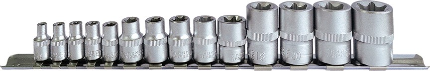 Вложки E-Torx Premium CR-V Вложки E-Torx Premium CR-V - 14 броя с размер E4 - E24 и захват 1/4", 3/8" и 1/2" -