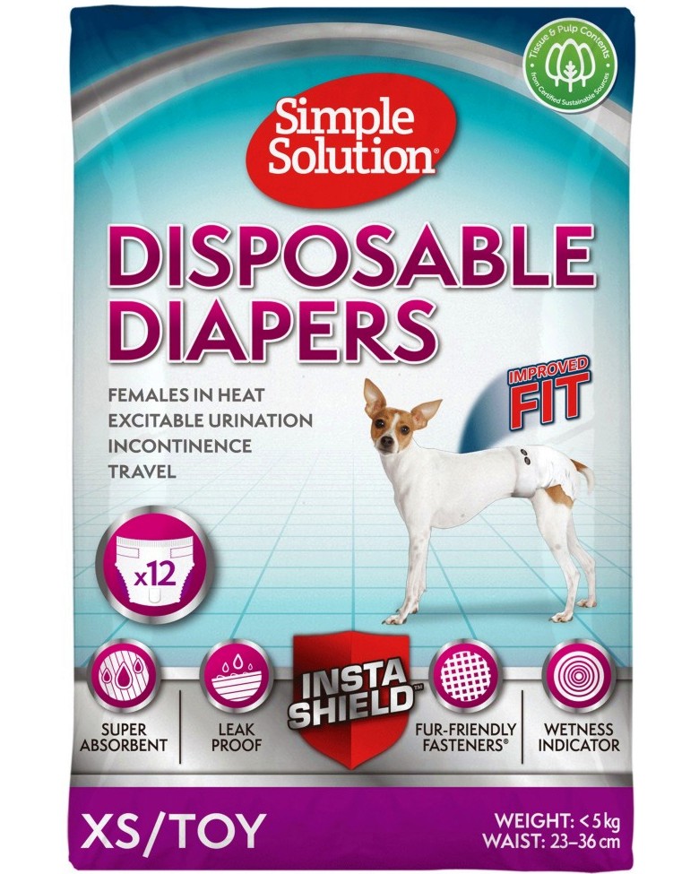 Пелени за женски кучета Simple Solution XS & Toy Пелени за женски кучета Simple Solution XS & Toy - 12 броя, от 23 до 36 cm - продукт