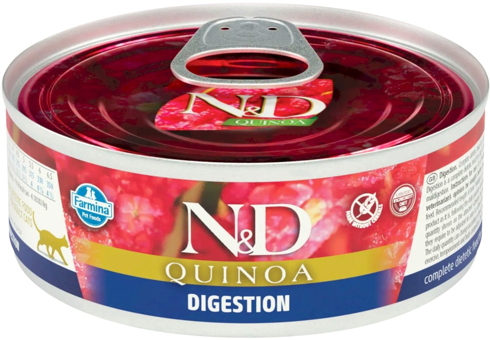 Консерва за котки за здрав стомах N&D Digestion Консерва за котки за здрав стомах N&D Digestion - 80 g, с агнешко, киноа, копър и артишок, от серията Quinoa, в зряла възраст - храна