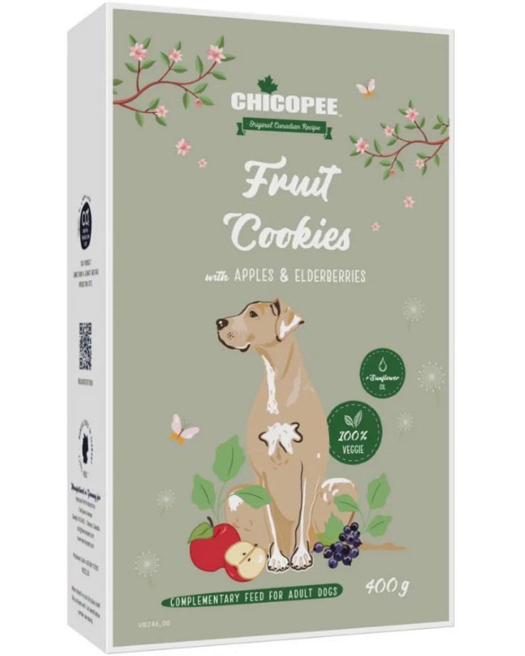 Веган плодови бисквити за кучета CHICOPEE Fruit Cookies Веган плодови бисквити за кучета CHICOPEE Fruit Cookies - 400 g, с ябълки и бъз - храна