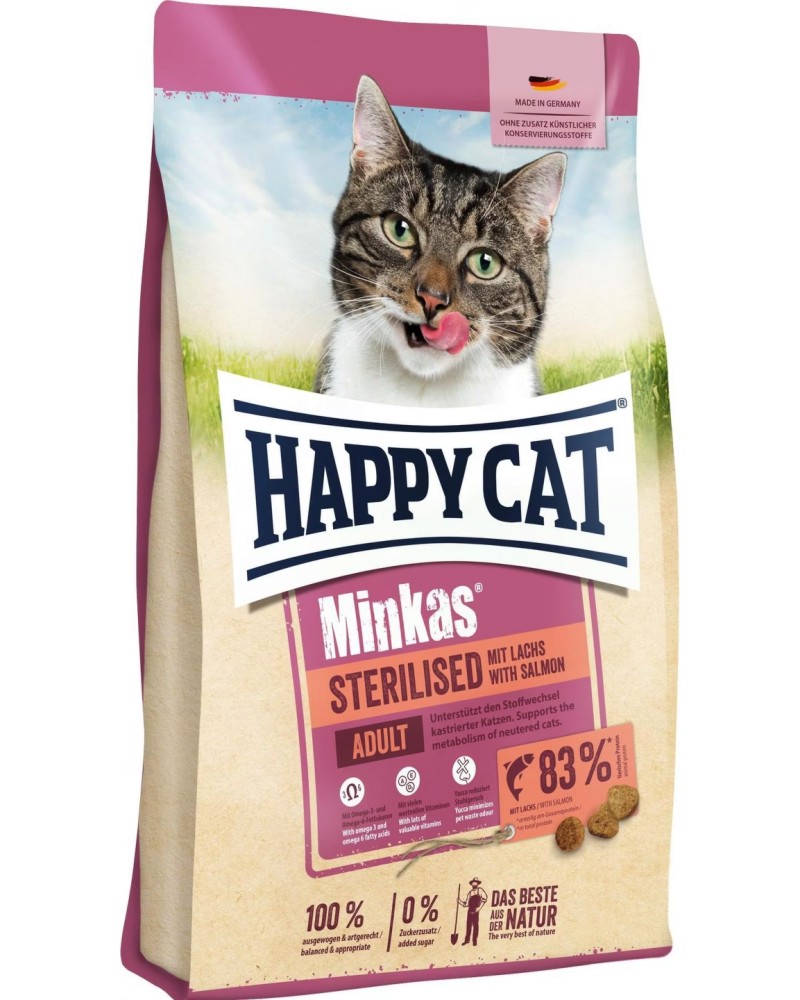 Суха храна за кастрирани котки Happy Cat Sterilised Adult Суха храна за кастрирани котки Happy Cat Sterilised Adult - 10 kg, със сьомга, от серията Minkas, в зряла възраст - храна