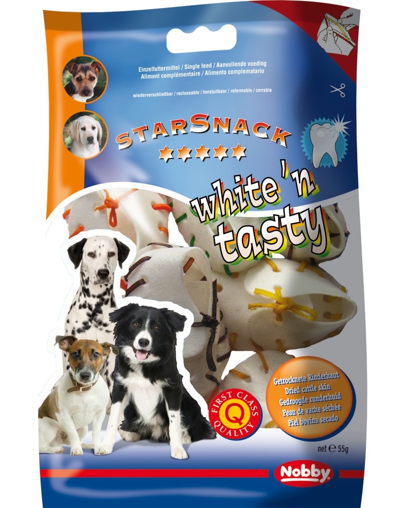Лакомства за кучета Nobby White'n Tasty Лакомства за кучета Nobby White'n Tasty - 55 g, от изсушена говежда кожа, от серията StarSnack - храна