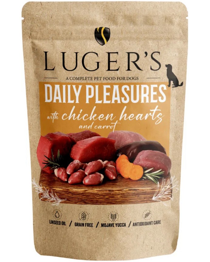 Паучове за кучета Luger's Dog Adult Паучове за кучета Luger's Dog Adult - 10 x 500 g, с пилешки сърца и моркови, от серията Daily Pleasures - храна