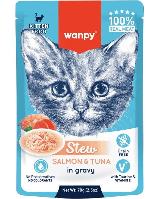 Паучове за котки Wanpy Kitten Паучове за котки Wanpy Kitten - 10 x 70 g, със сьомга и риба тон в сос, от серията Stew in Gravy, за подрастващи - храна