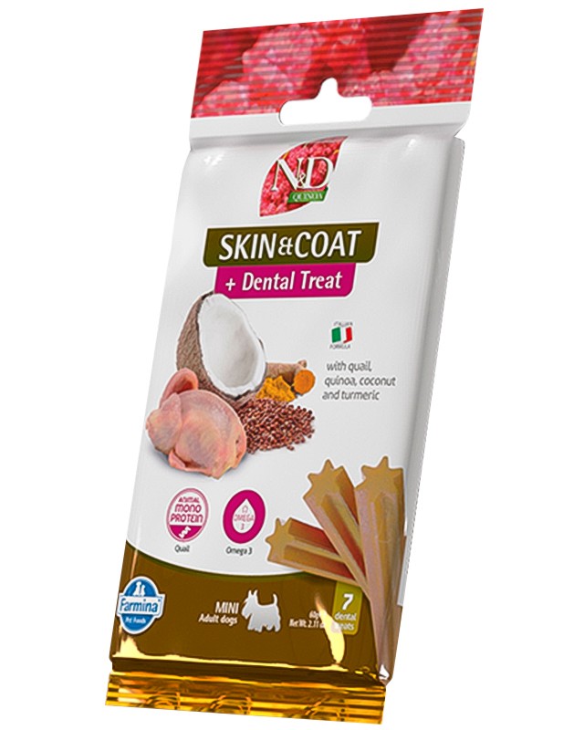 �������� ��������� �� ������ �� ������ ���� � ������� ������ N&D Adult Mini Skin & Coat Dental Treat - 60 g, � ���������, �����, ����� � �������, �� ������� Quinoa, �� ������ ������, ��� 4 ������ - �����