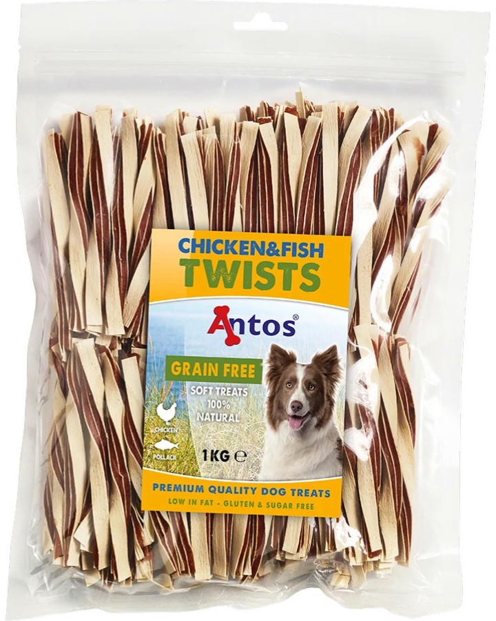 Натурални лакомства за кучета Antos Twists Натурални лакомства за кучета Antos Twists - 1 kg, с пилешко месо и риба, за всички породи - храна