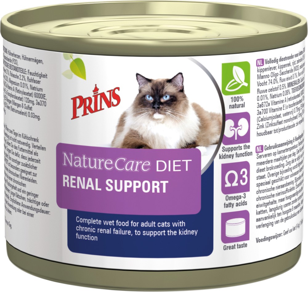 Натурална консерва за котки с бъбречна недостатъчност Prins NatureCare Diet Renal Support Натурална консерва за котки с бъбречна недостатъчност Prins NatureCare Diet Renal Support - 200 g, с пилешко и ориз, от серията Dietetic, в зряла възраст - храна