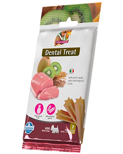 Дентални лакомства за кучета N&D Adult Mini Dental Treat Дентални лакомства за кучета N&D Adult Mini Dental Treat - 60 g, със свинско, спелта, овес и тропически плодове, от серията Tropical Selection, за дребни породи, над 4 месеца - храна