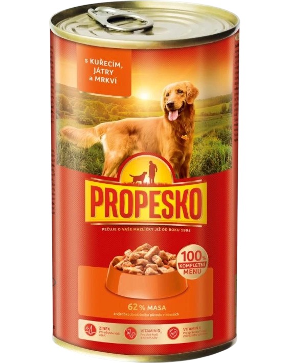 Консерва за кучета PROPESKO Консерва за кучета PROPESKO - 1.24 kg, с пилешко, дробчета и моркови, за всички породи, в зряла възраст - храна