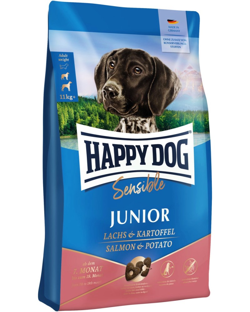 Суха храна за кучета с чувствително храносмилане Happy Dog Sensible Junior Суха храна за кучета с чувствително храносмилане Happy Dog Sensible Junior - 1 ÷ 10 kg, с пилешко, сьомга и картофи, от серията Young, от 7 до 18 месеца, 11+ kg - храна