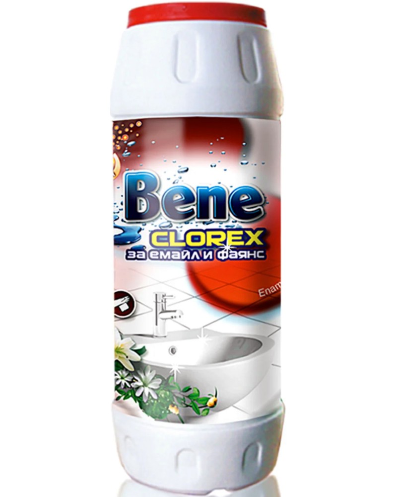 Прахообразен почистващ препарат за баня Bene Clorex Прахообразен почистващ препарат за баня Bene Clorex - 500 g, за емайлирани и фаянсови повърхности - почистващ препарат