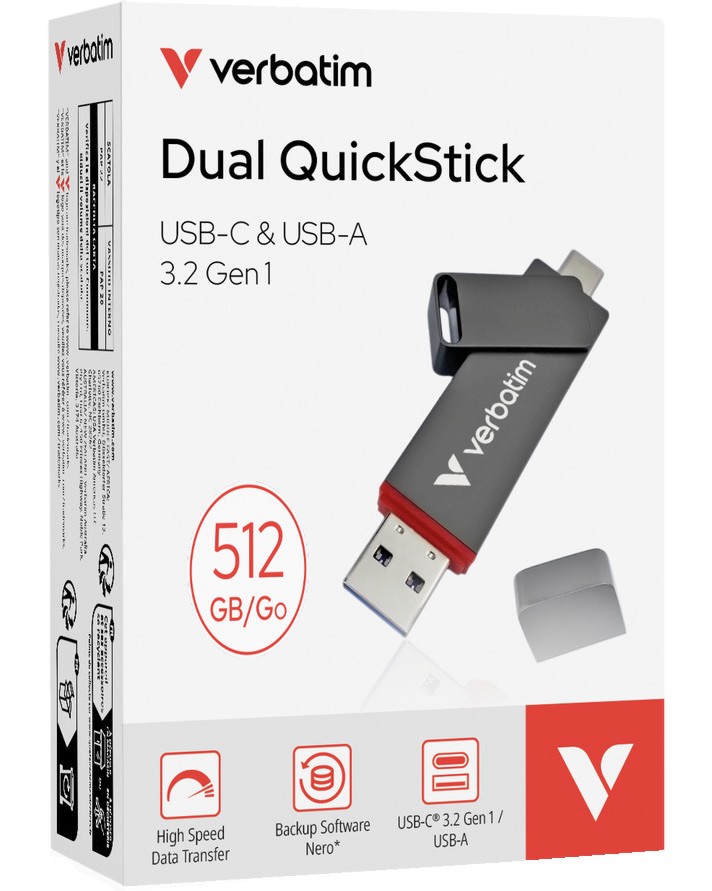 USB-C / USB-A 3.2 Gen 1   512 GB Verbatim Dual QuickStick - 