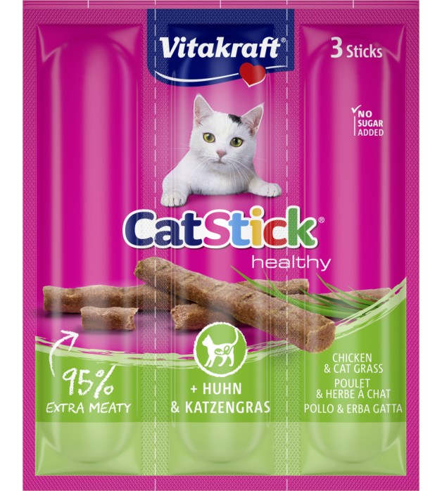 Лакомства за котки Vitakraft Cat Stick Лакомства за котки Vitakraft Cat Stick - 18 g, с пилешко и котешка трева, от серията Healthy - храна