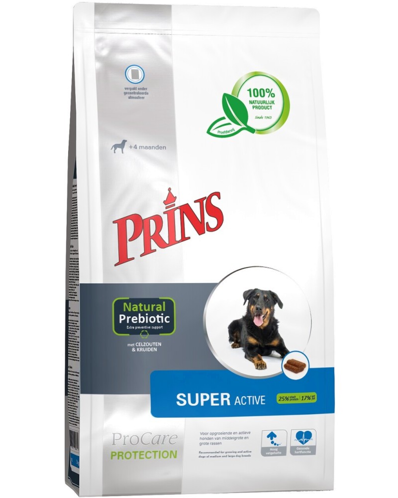 Натурална суха храна за активни кучета Prins Super Active Натурална суха храна за активни кучета Prins Super Active - 3 ÷ 20 kg, от серията ProCare Protection, в зряла възраст - храна