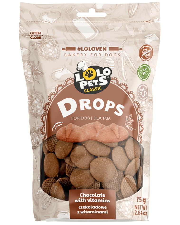 Шоколадов дропс за кучета Lolo Pets Classic Drops Шоколадов дропс за кучета Lolo Pets Classic Drops - 75 и 200 g, с витамини, над 1 година - храна