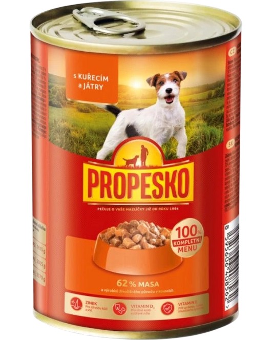 Консерва за кучета PROPESKO Консерва за кучета PROPESKO - 415 и 12 x 415 g, с пилешко и дробчета, за всички породи, в зряла възраст - храна