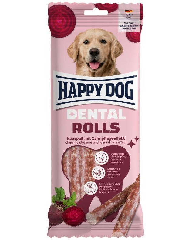 Дентални лакомства за кучета Happy Dog Rolls Дентални лакомства за кучета Happy Dog Rolls - 148 g, с цвекло, за средни и големи породи, от серията Dental Snacks - храна