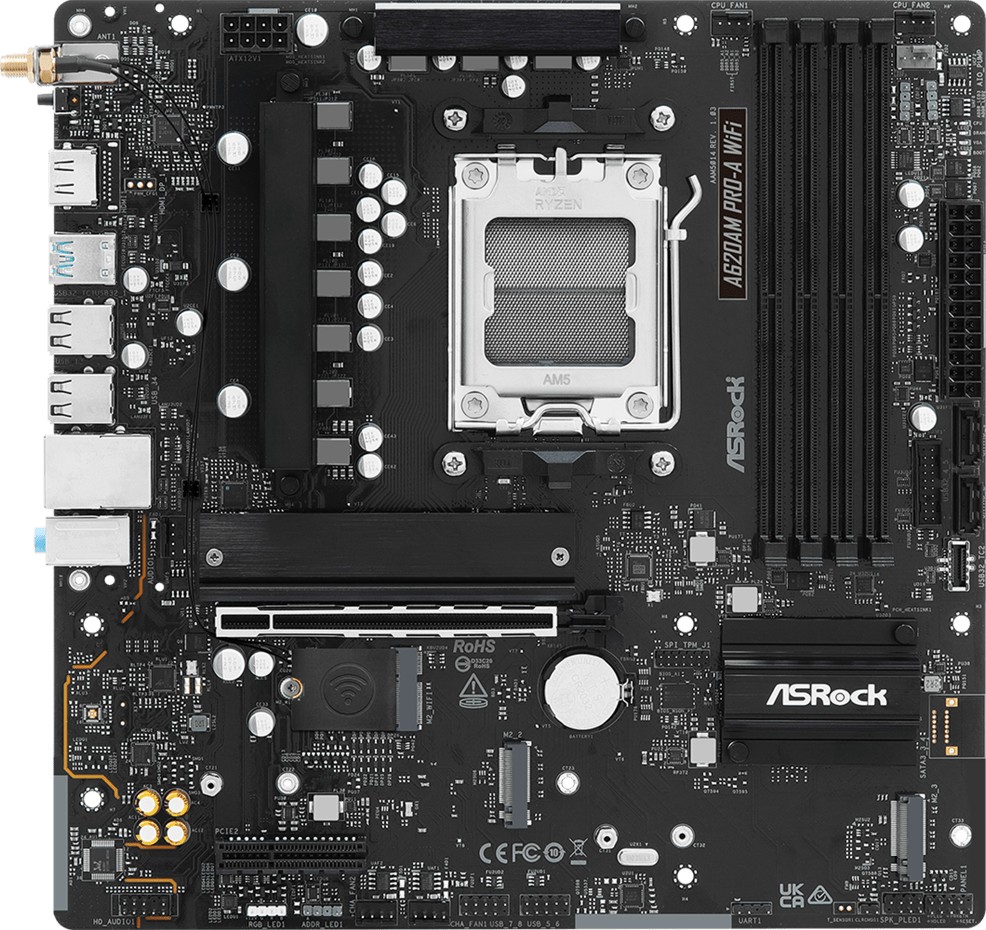 Дънна платка ASRock A620AM Pro-A WIFI Дънна платка ASRock A620AM Pro-A WIFI - AMD АМ5, AMD A620, DDR5, Micro ATX -