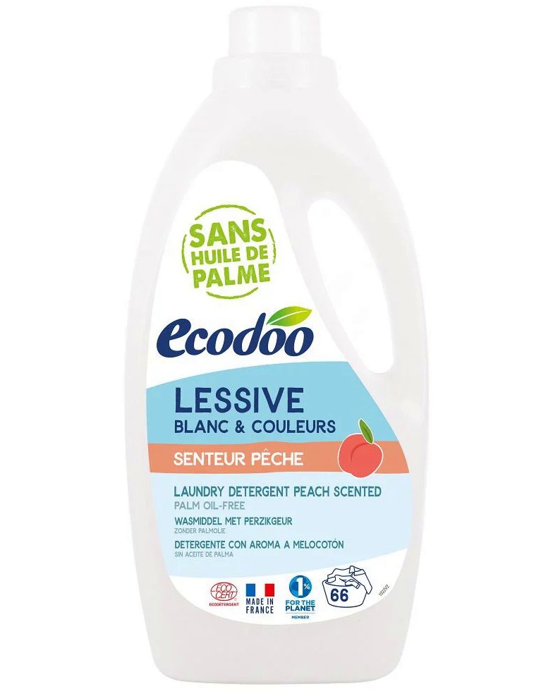 Течен перилен препарат за цветно и бяло пране Ecodoo Течен перилен препарат за цветно и бяло пране Ecodoo - 2 l, с аромат на праскова - перилен препарат