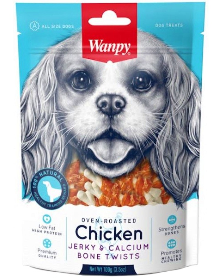 Натурални лакомства за кучета Wanpy Jerky & Calcium Bone Twists Натурални лакомства за кучета Wanpy Jerky & Calcium Bone Twists - 100 g, с пилешко - храна