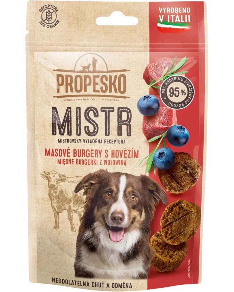 Лакомства за кучета PROPESKO MISTR Mini Burgers Лакомства за кучета PROPESKO MISTR Mini Burgers - 60 g, с говеждо - храна