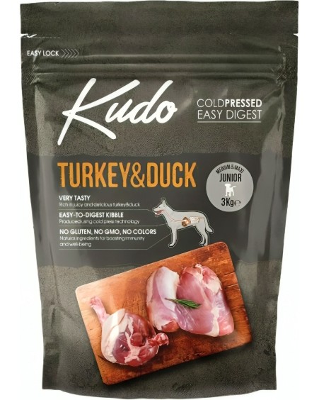 Студено пресована суха храна за кучета Kudo Medium & Maxi Junior Студено пресована суха храна за кучета Kudo Medium & Maxi Junior - 3 и 12 kg, с пуешко и патешко, за средни и големи породи, до 18 месеца - храна