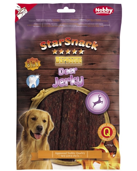 Лакомства за кучета Nobby StarSnack Deer Jerky Лакомства за кучета Nobby StarSnack Deer Jerky - 113 g, с еленско и патешко, от серията Barbecue - храна