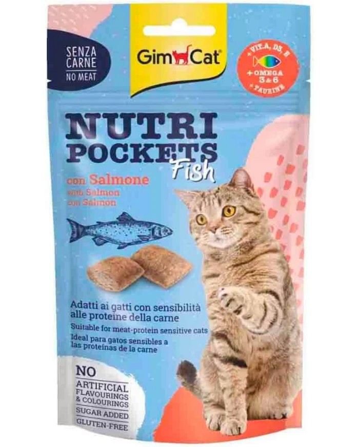 Лакомства за котки GimCat Nutri Pockets Fish Лакомства за котки GimCat Nutri Pockets Fish - 60 g, със сьомга, витамини, Омега 3 и 6 и таурин - храна