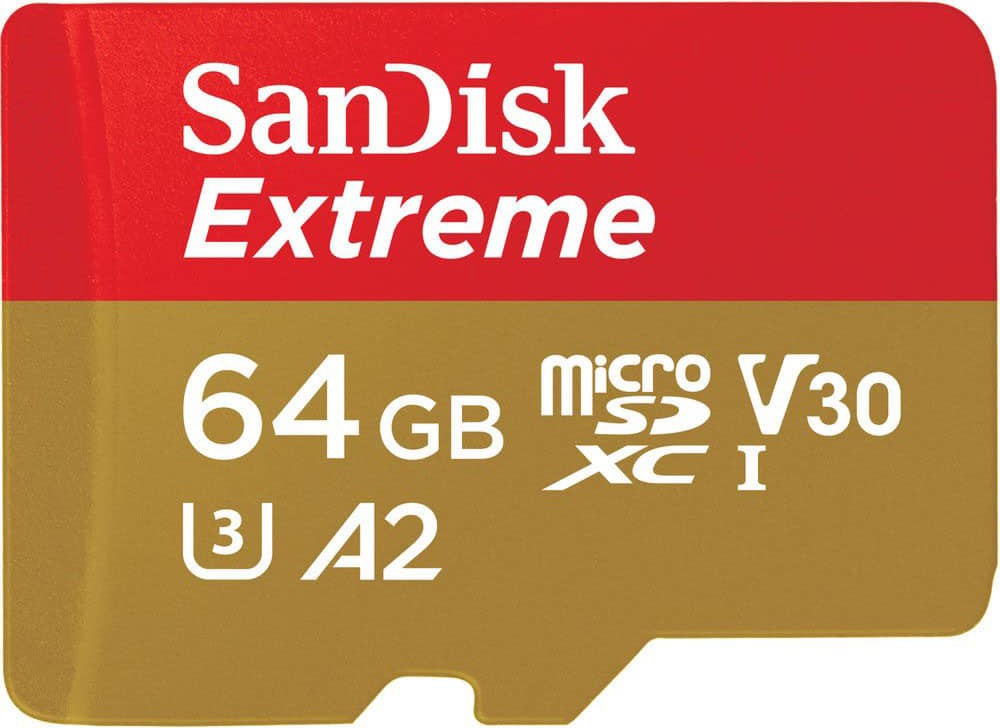 Micro SDXC карта памет 64 GB SanDisk - Class 10, U3, V30, A2 със SD адаптер от серията Extreme - 
