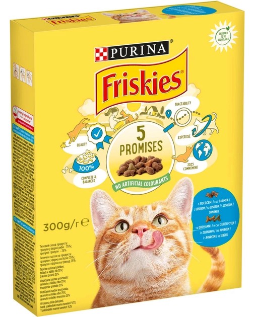 Суха храна за котки Friskies 5 Promises Суха храна за котки Friskies 5 Promises - 0.3 и 1.5 kg, със сьомга и зеленчуци, за над 1 година - храна