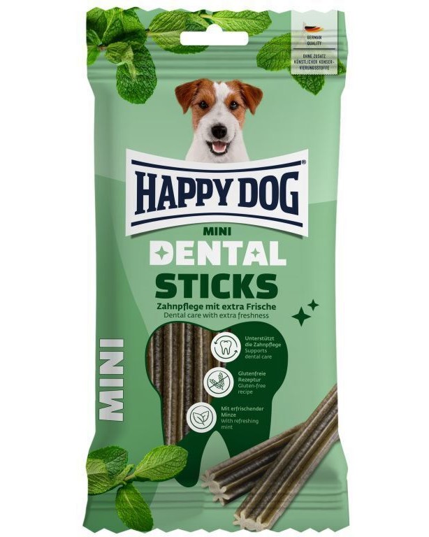 Дентални пръчици за кучета Happy Dog Sticks Mini Дентални пръчици за кучета Happy Dog Sticks Mini - 100 g, с мента, за дребни породи, от серията Dental Snacks - храна