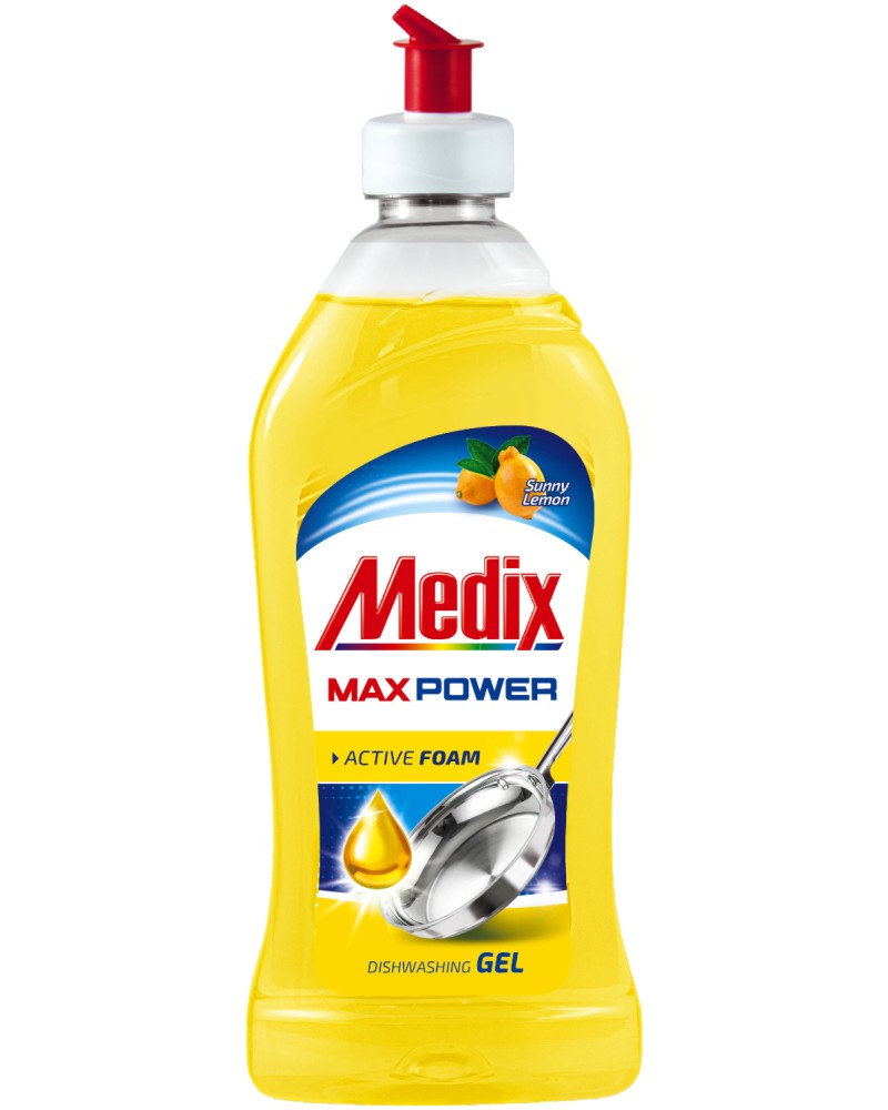 Препарат за съдове Medix Препарат за съдове Medix - 415 и 750 ml, с аромат на лимон, от серията Max Power - препарат за съдове
